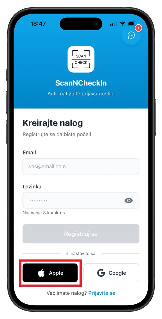 ScanNCheckIn ekran za registraciju sa označenim Apple i Google dugmadima