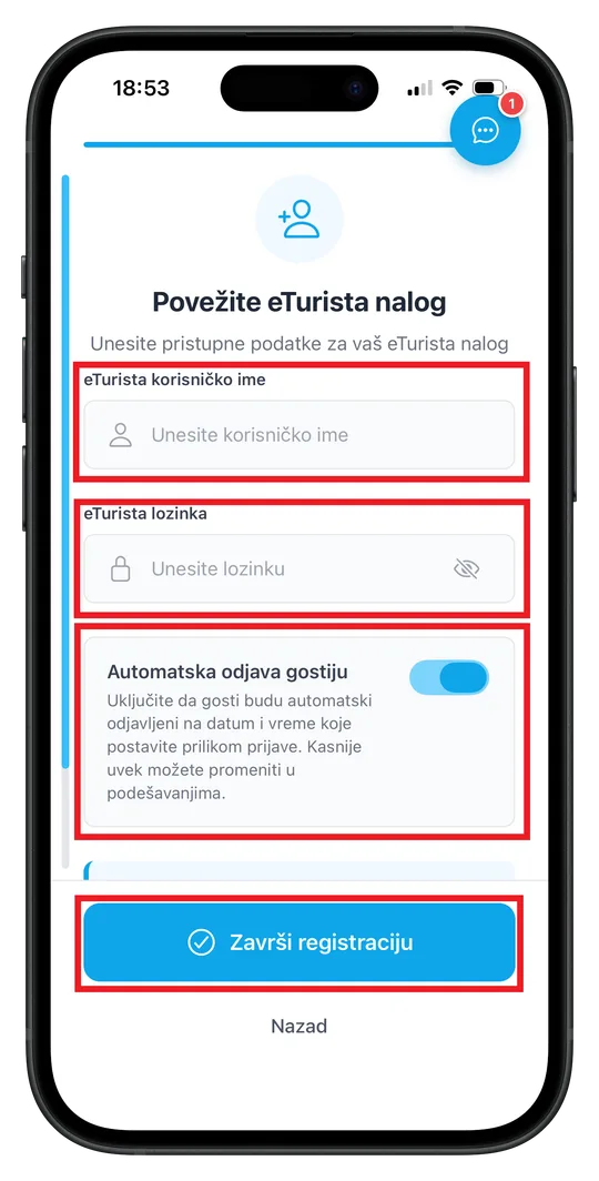 ScanNCheckIn ekran za povezivanje eTurista naloga sa korisničkim imenom, lozinkom i automatskom odjavom