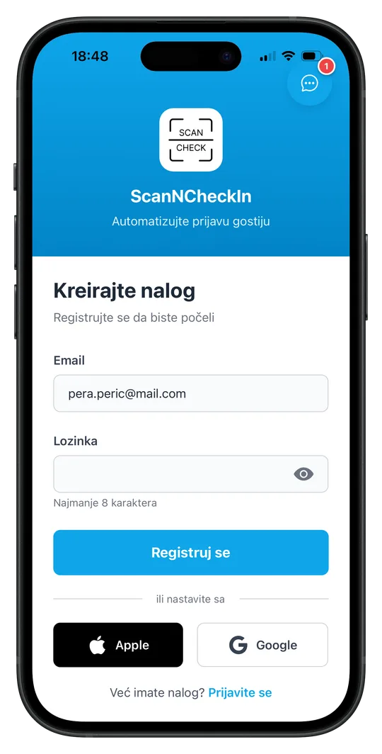 ScanNCheckIn ekran za kreiranje naloga sa email adresom i lozinkom