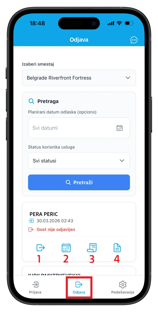 ScanNCheckIn ekran za odjavu gosta sa pretragom po datumu i statusu
