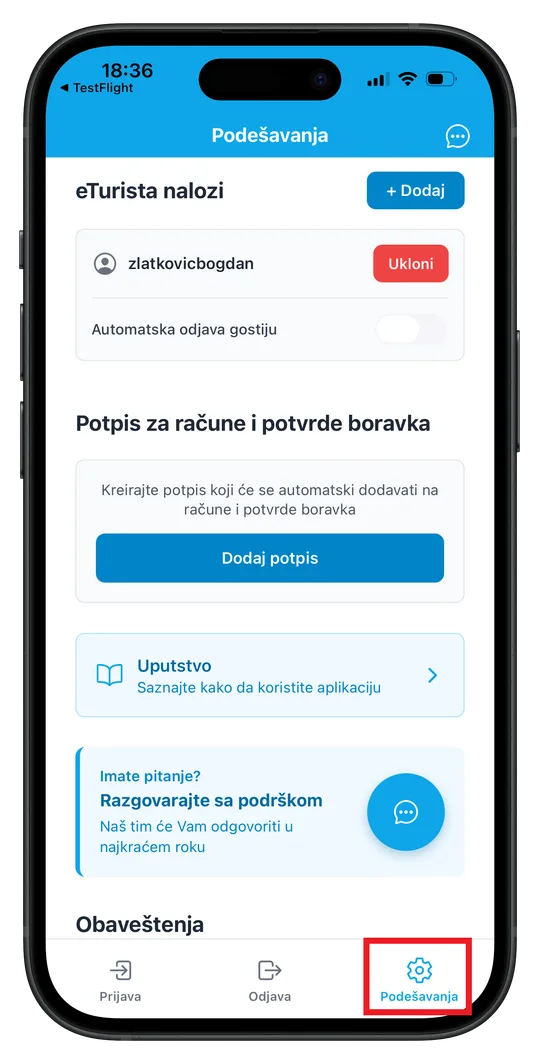 ScanNCheckIn ekran podešavanja sa eTurista nalozima, potpisom i podrškom