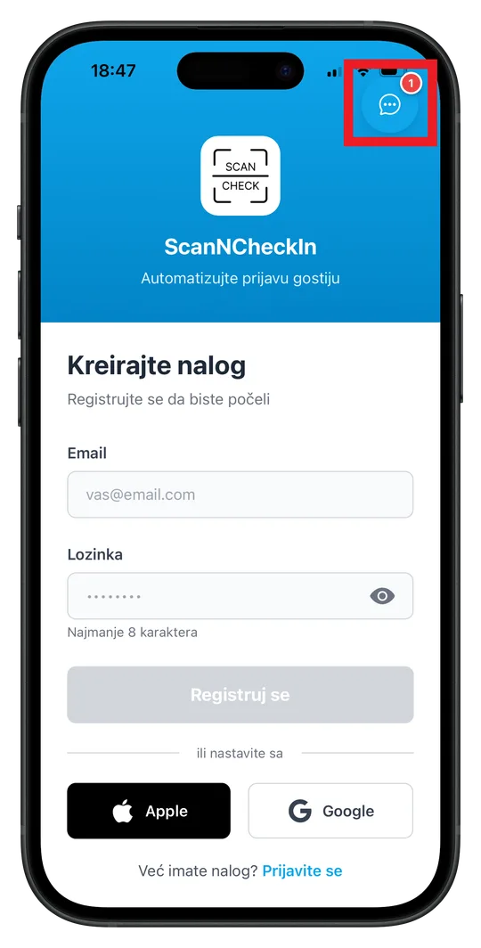 ScanNCheckIn ekran za registraciju sa označenom ikonicom za korisničku podršku u gornjem desnom uglu