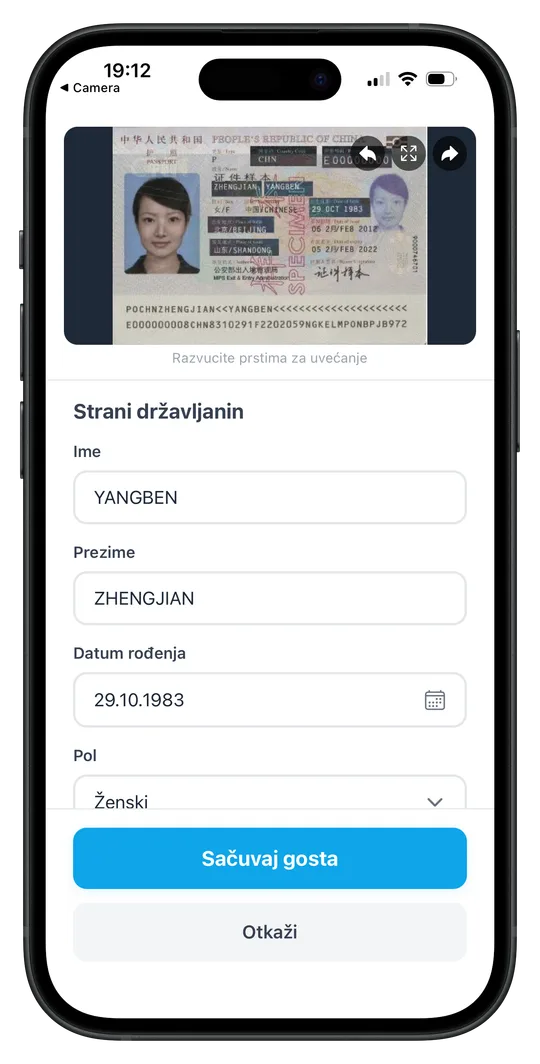 ScanNCheckIn ekran za pregled i izmenu očitanih podataka gosta