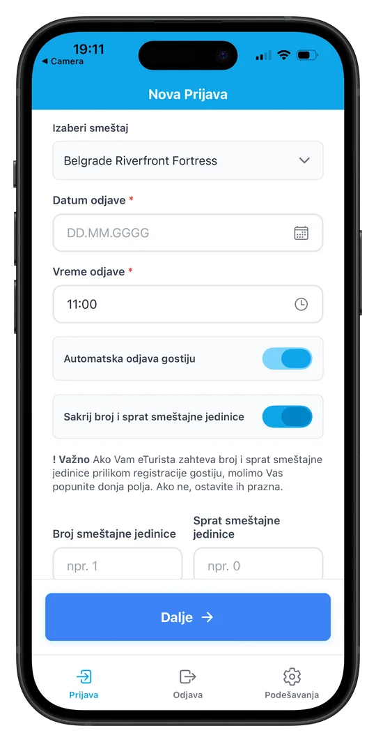 ScanNCheckIn ekran za novu prijavu sa izborom smeštaja, datumom odjave i automatskom odjavom
