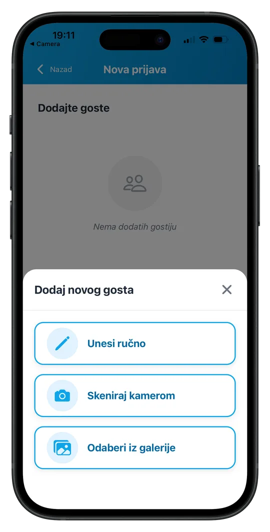 ScanNCheckIn ekran za dodavanje gosta sa opcijama skeniranja kamerom ili odabira iz galerije