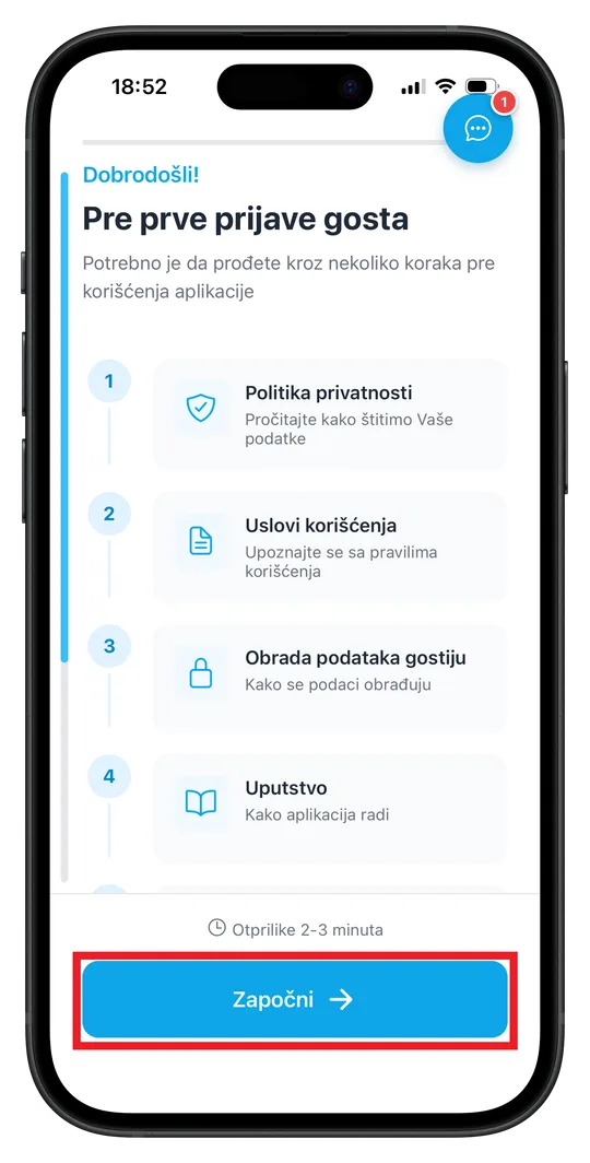 ScanNCheckIn ekran sa politikom privatnosti, uslovima korišćenja, obradom podataka i uputstvom