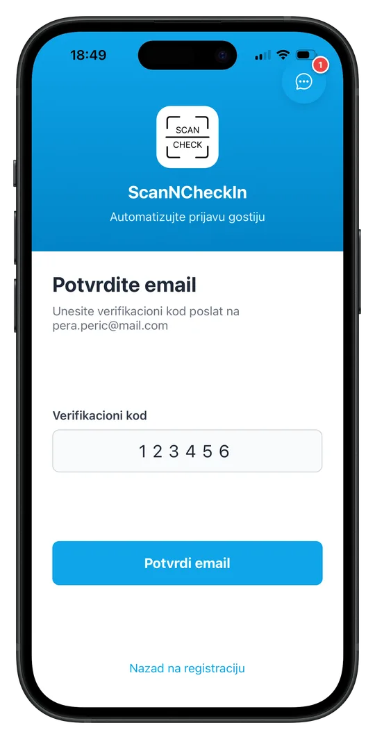 ScanNCheckIn ekran za verifikaciju emaila sa kodom od 6 cifara
